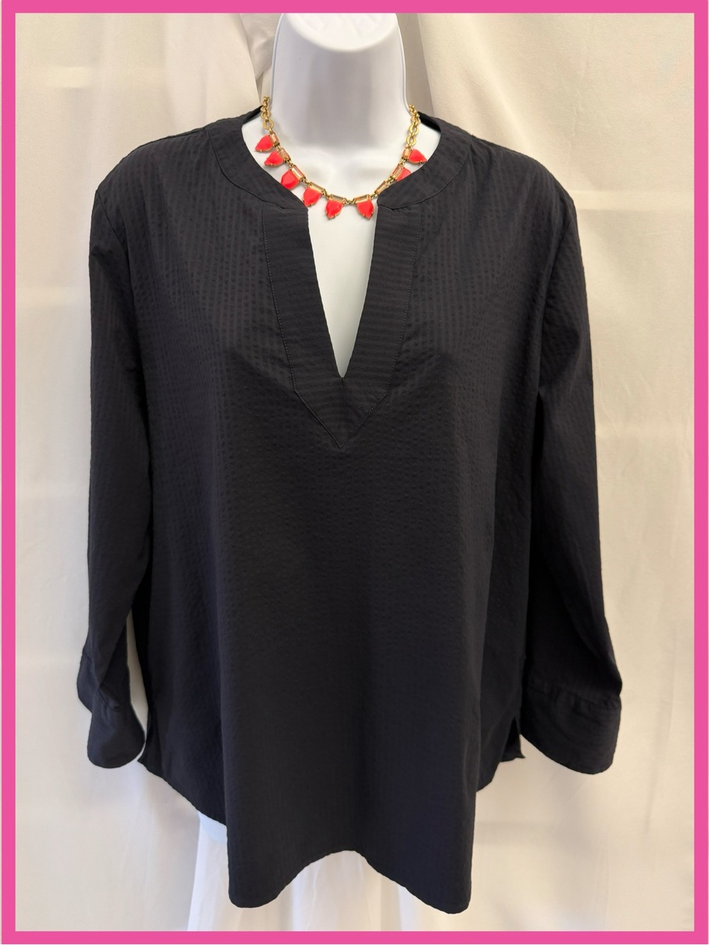 Vineyard Vines Performance Black Split Neck Tunic Blouse